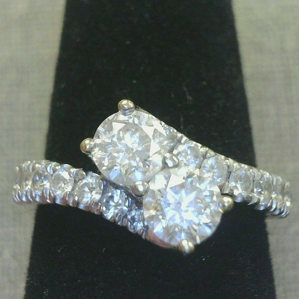 Unique 14K White Gold 2 Center Stone Diamond Ring